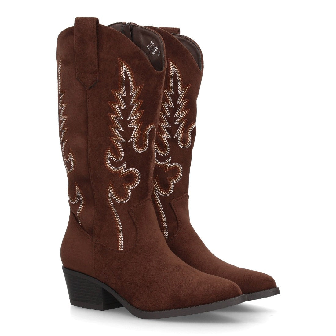 Botas cowboy café con caña bordada de 32 cm y tacón bajo para mujer