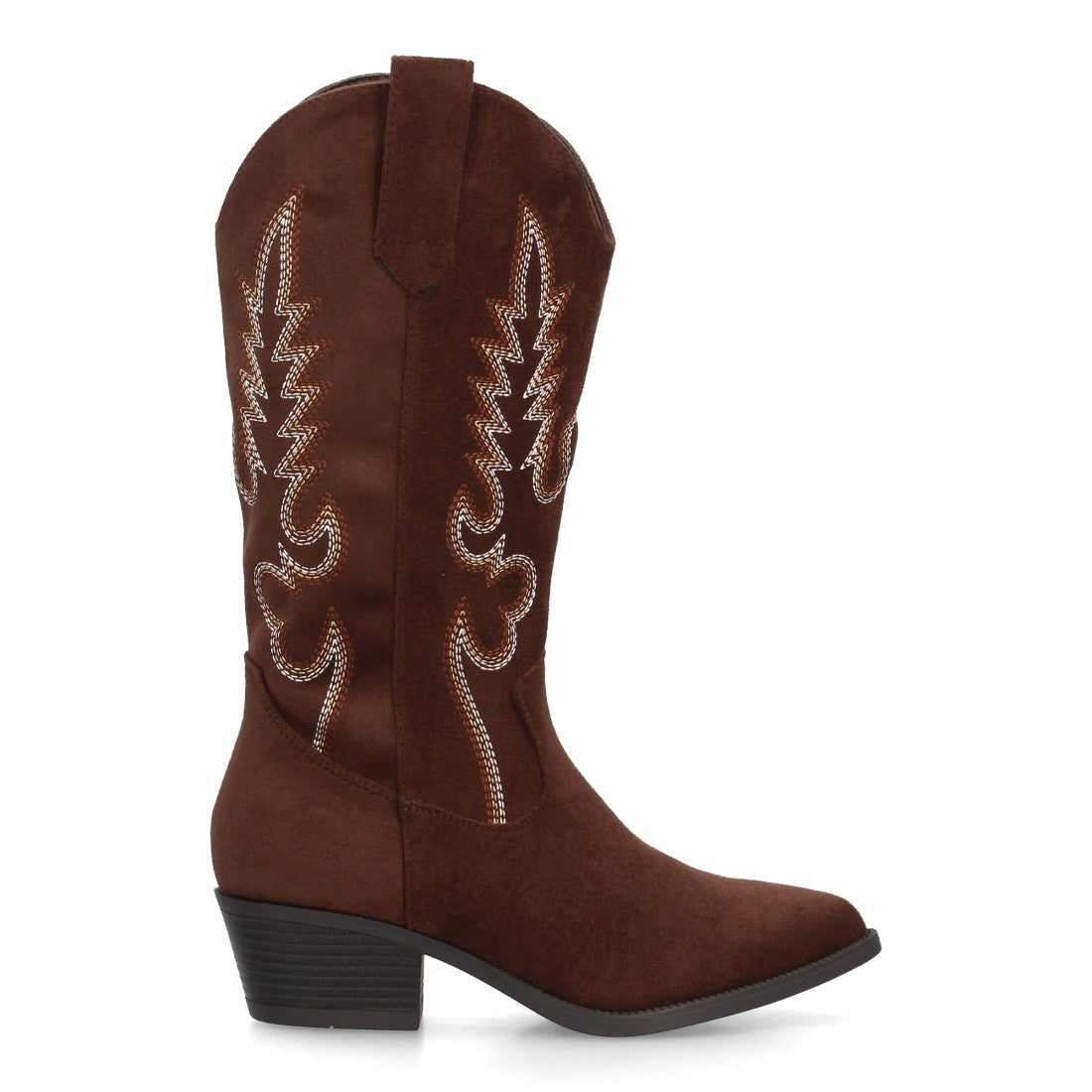 Botas cowboy café con caña bordada de 32 cm y tacón bajo para mujer