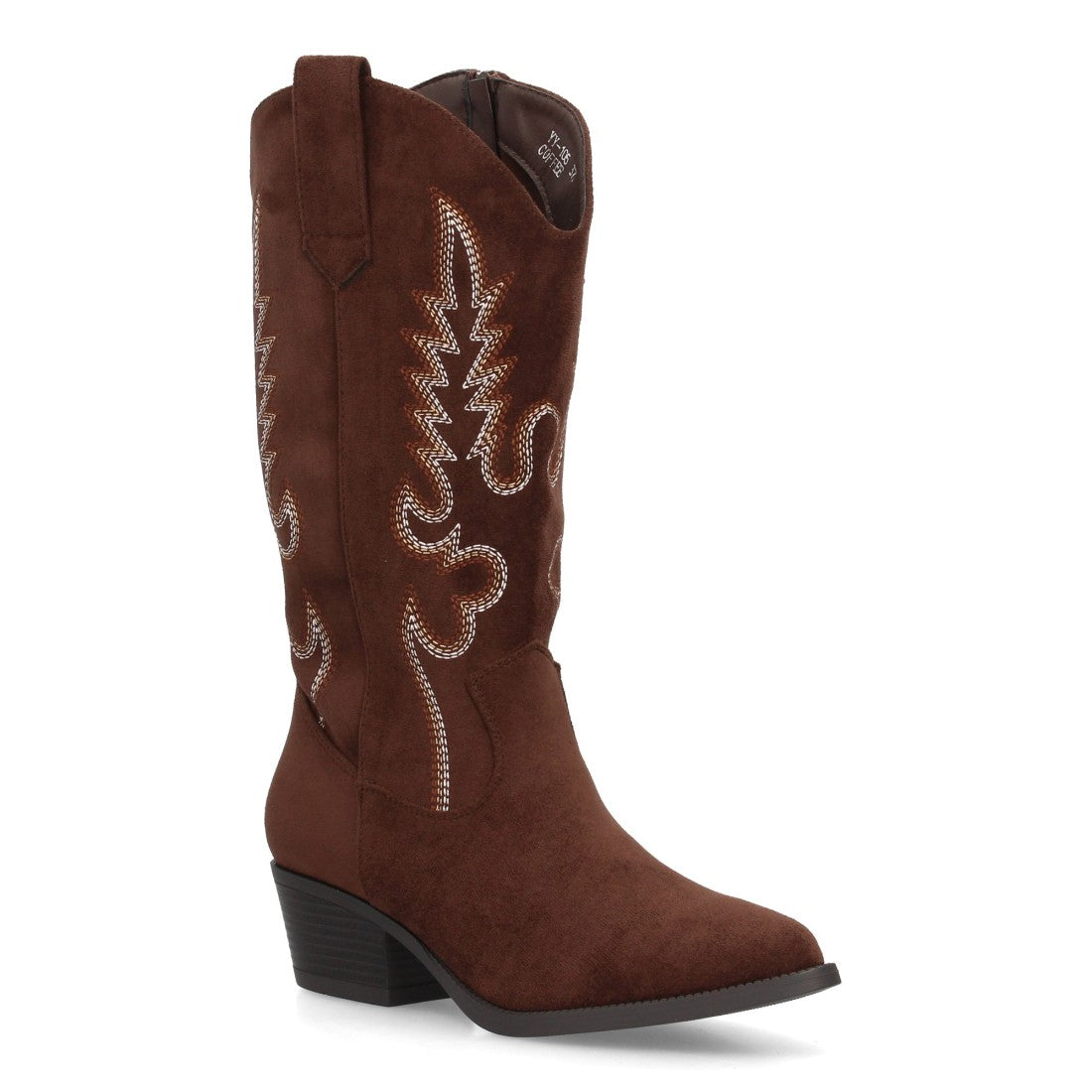 Botas cowboy café con caña bordada de 32 cm y tacón bajo para mujer