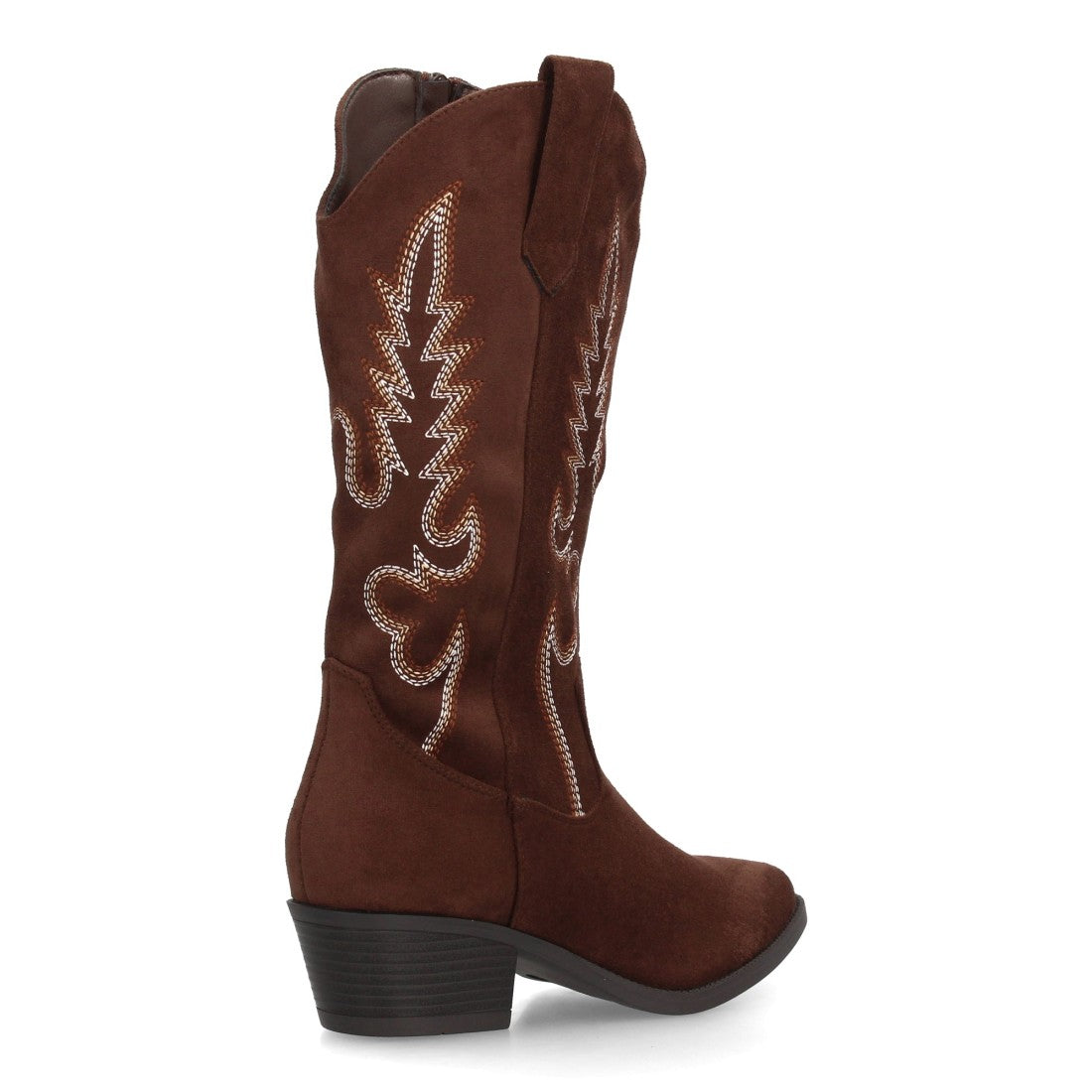 Botas cowboy café con caña bordada de 32 cm y tacón bajo para mujer