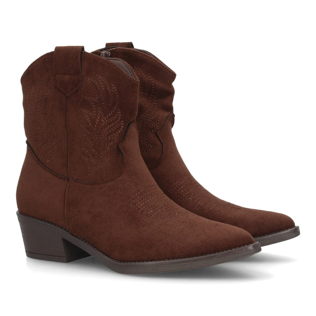 Botines estilo cowboy café con caña media bordada y cremallera para mujer