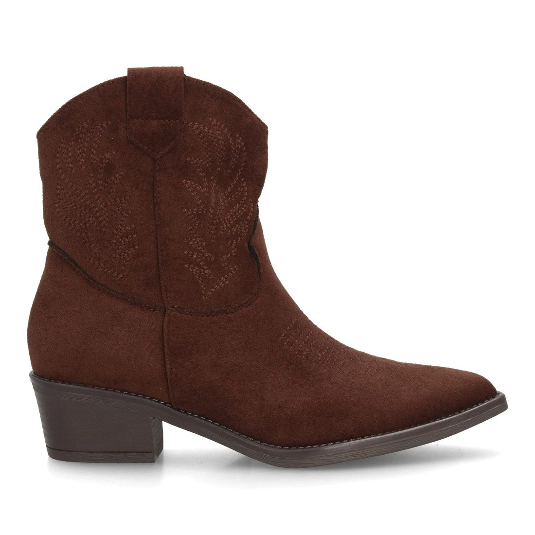 Botines estilo cowboy café con caña media bordada y cremallera para mujer