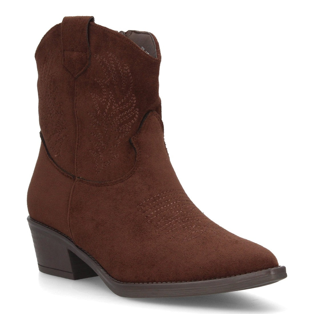 Botines estilo cowboy café con caña media bordada y cremallera para mujer