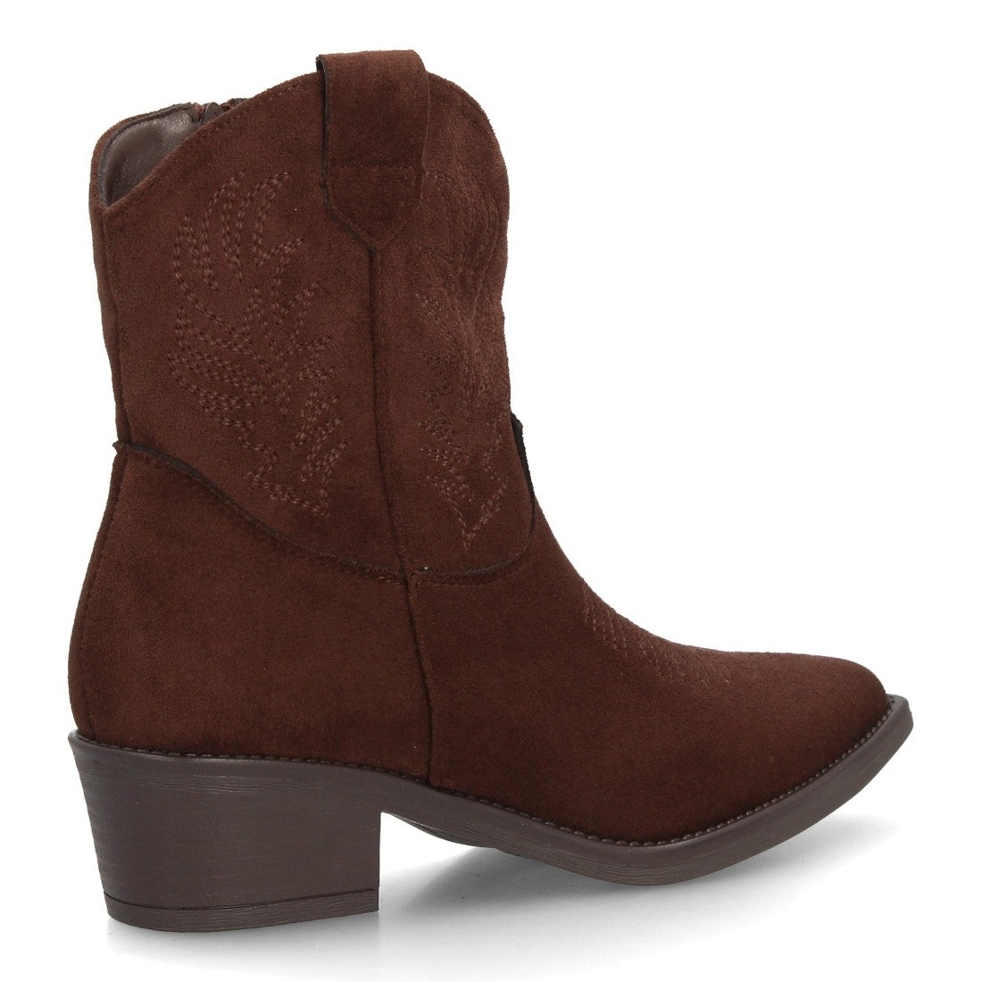 Botines estilo cowboy café con caña media bordada y cremallera para mujer