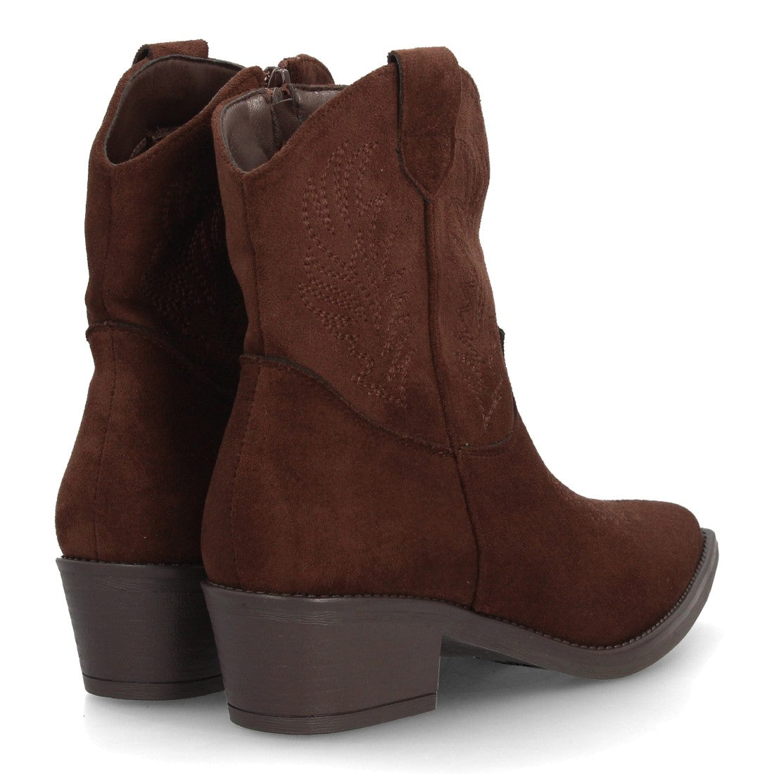 Botines estilo cowboy café con caña media bordada y cremallera para mujer