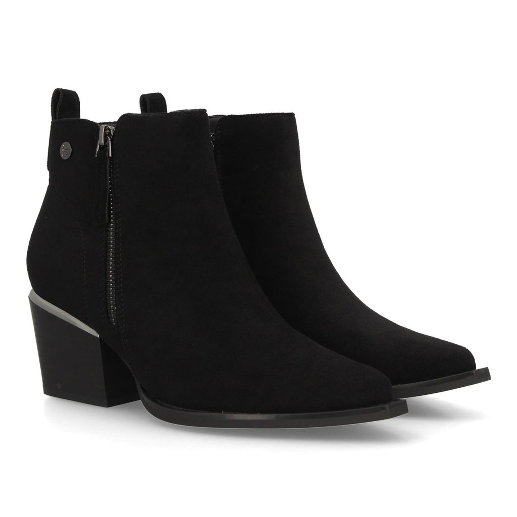 Botines de mujer en efecto ante negro con doble cremallera y punta fina