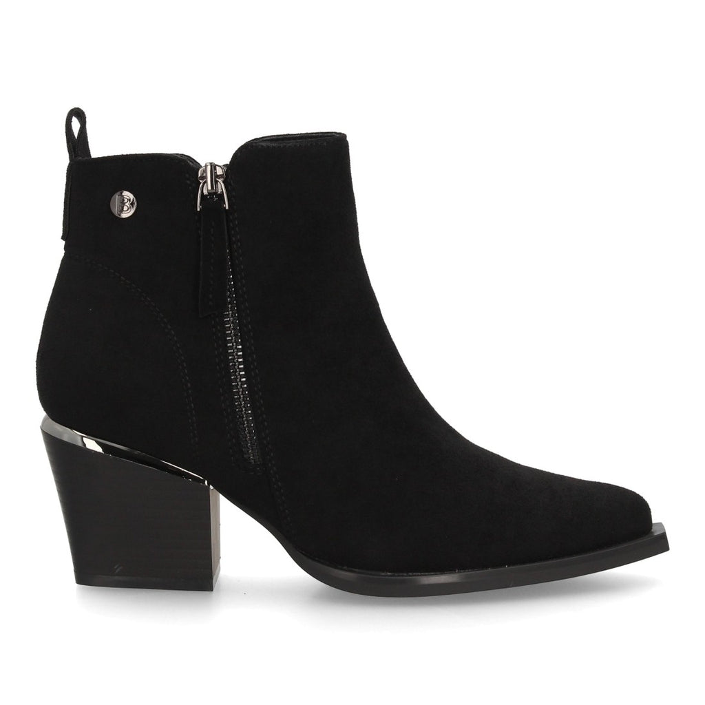 Botines de mujer en efecto ante negro con doble cremallera y punta fina