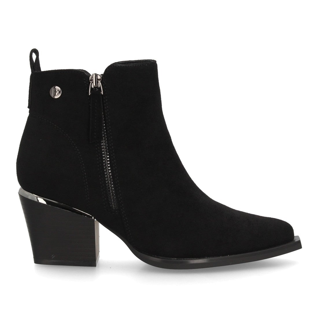 Botines de mujer en efecto ante negro con doble cremallera y punta fina