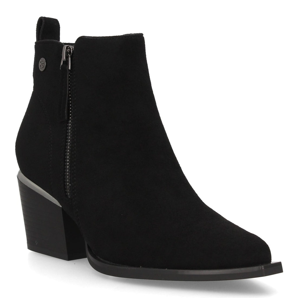 Botines de mujer en efecto ante negro con doble cremallera y punta fina