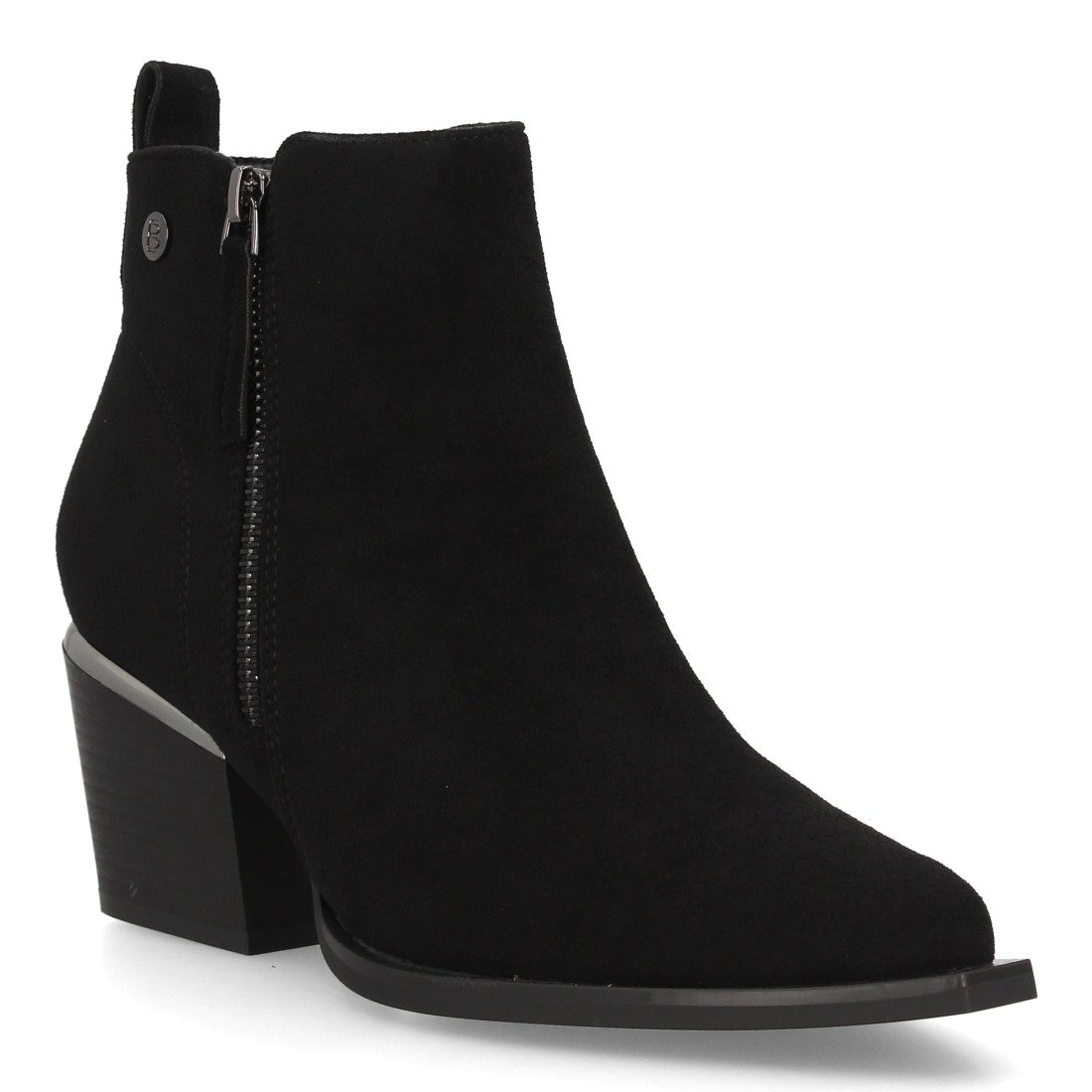 Botines de mujer en efecto ante negro con doble cremallera y punta fina