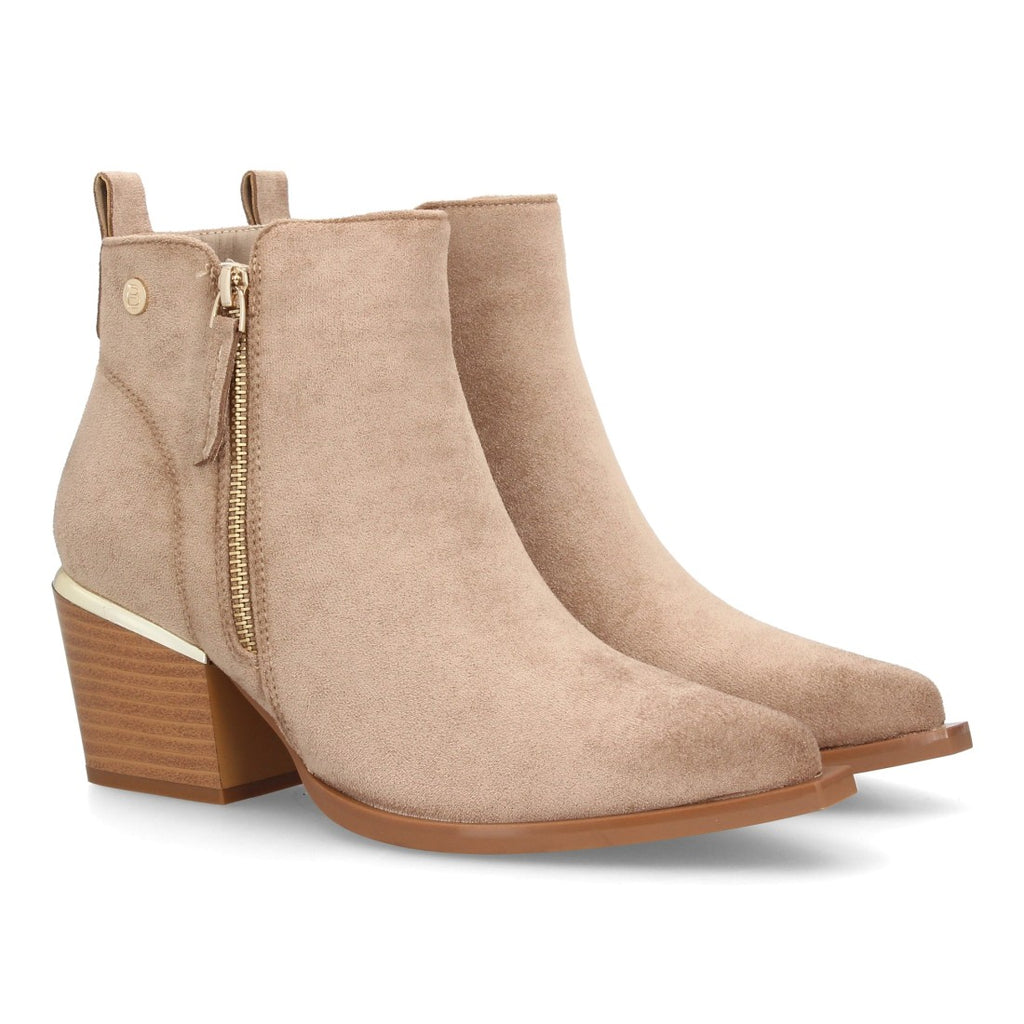 Botín beige para mujer efecto ante con doble cremallera lateral y tacón ancho