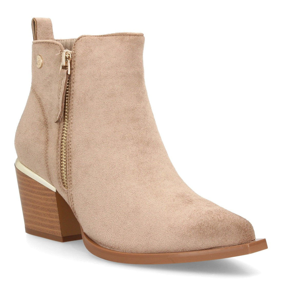 Botín beige para mujer efecto ante con doble cremallera lateral y tacón ancho