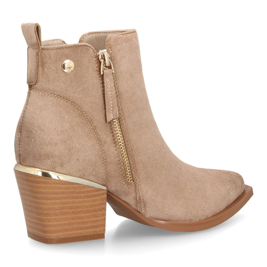 Botín beige para mujer efecto ante con doble cremallera lateral y tacón ancho