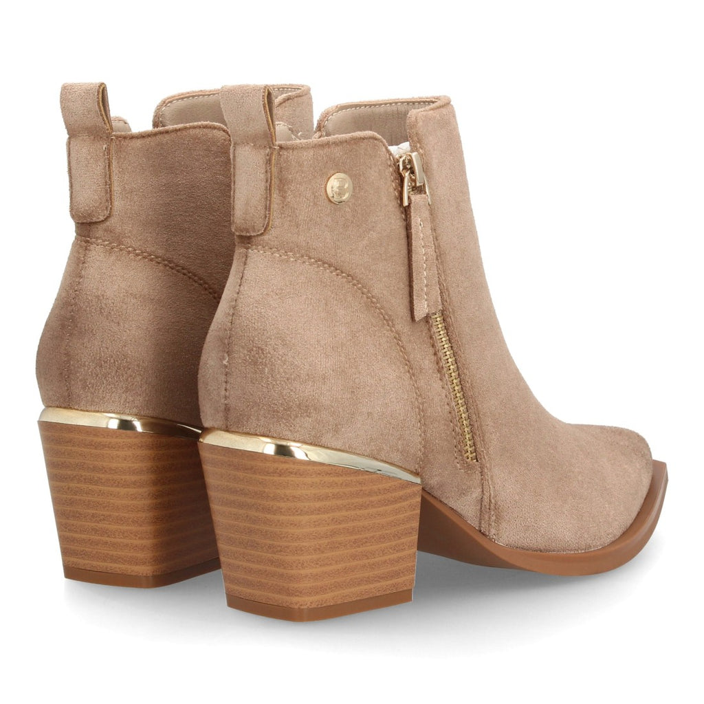 Botín beige para mujer efecto ante con doble cremallera lateral y tacón ancho