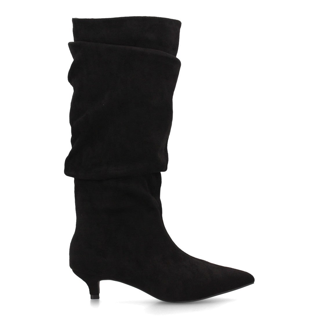Bota alta de mujer en effecto ante negro con tacón bajo kitten