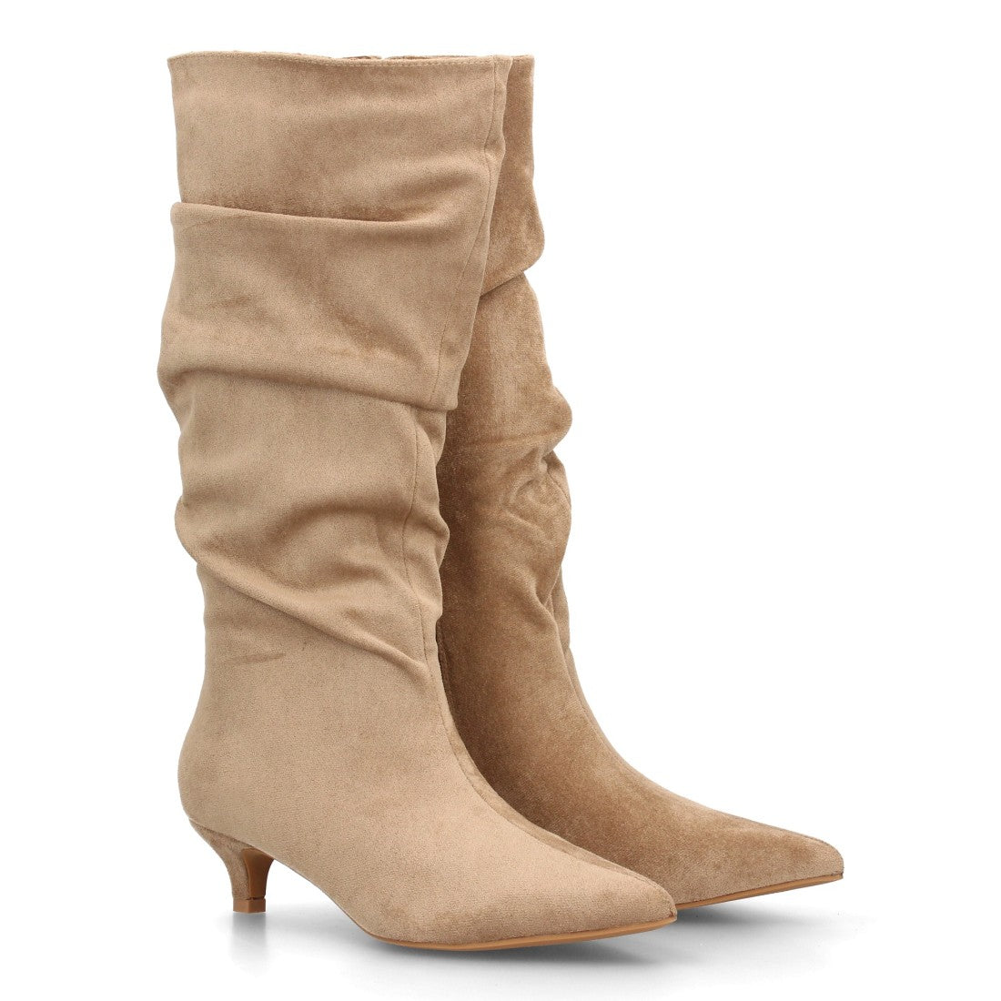 Bota alta para mujer en efecto ante kaki con tacón bajo kitten