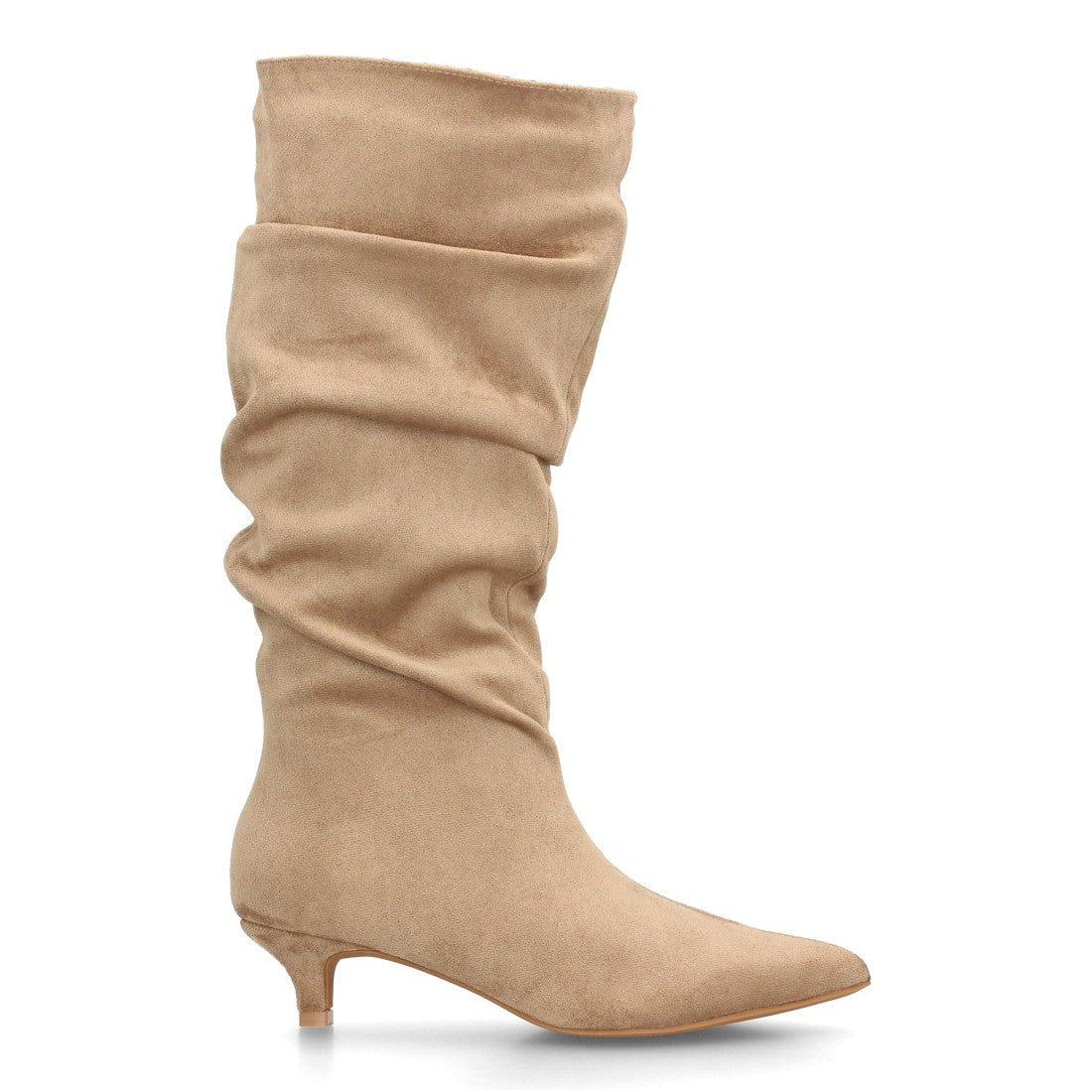 Bota alta para mujer en efecto ante kaki con tacón bajo kitten