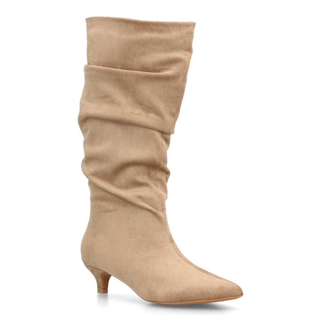 Bota alta para mujer en efecto ante kaki con tacón bajo kitten