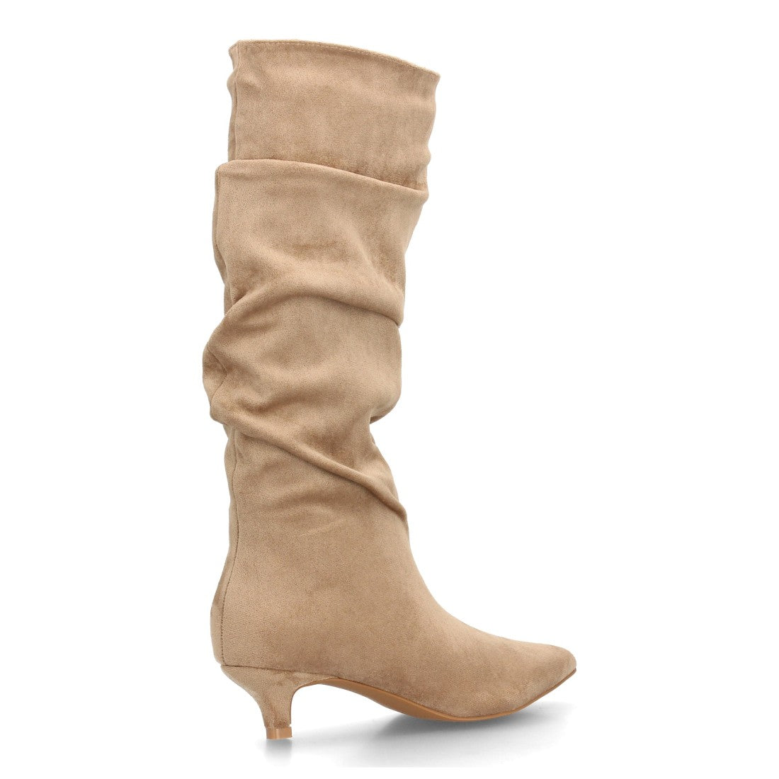 Bota alta para mujer en efecto ante kaki con tacón bajo kitten
