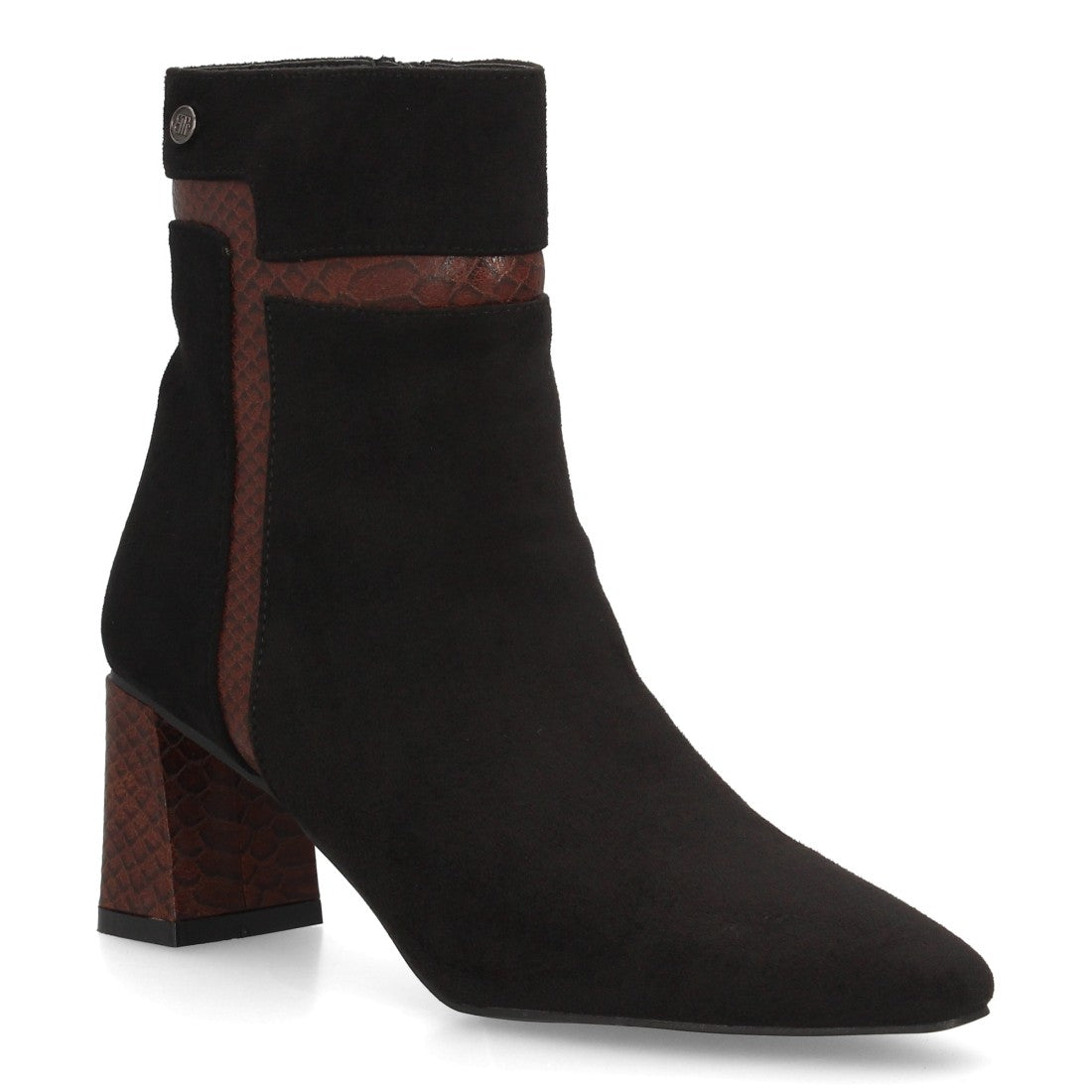 Botines negros multitextura efecto ante con punta fina y tacón grueso estable