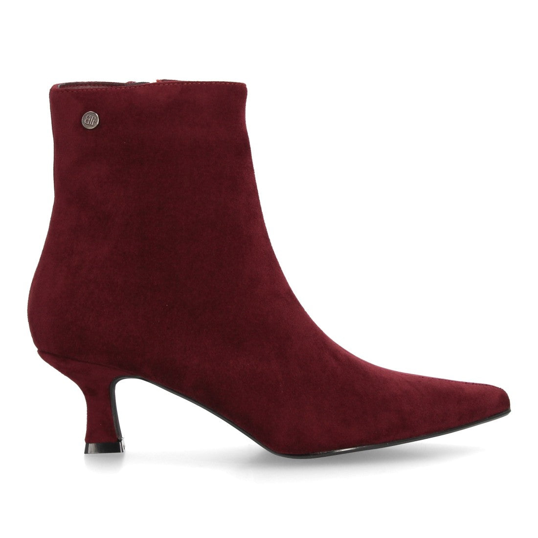Botines burdeos elegantes de punta fina en textura ante con tacón bajo cómodo y cremallera