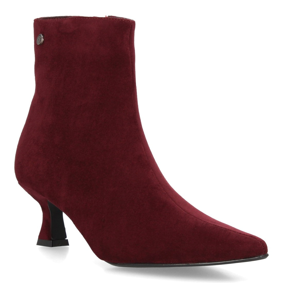 Botines burdeos elegantes de punta fina en textura ante con tacón bajo cómodo y cremallera