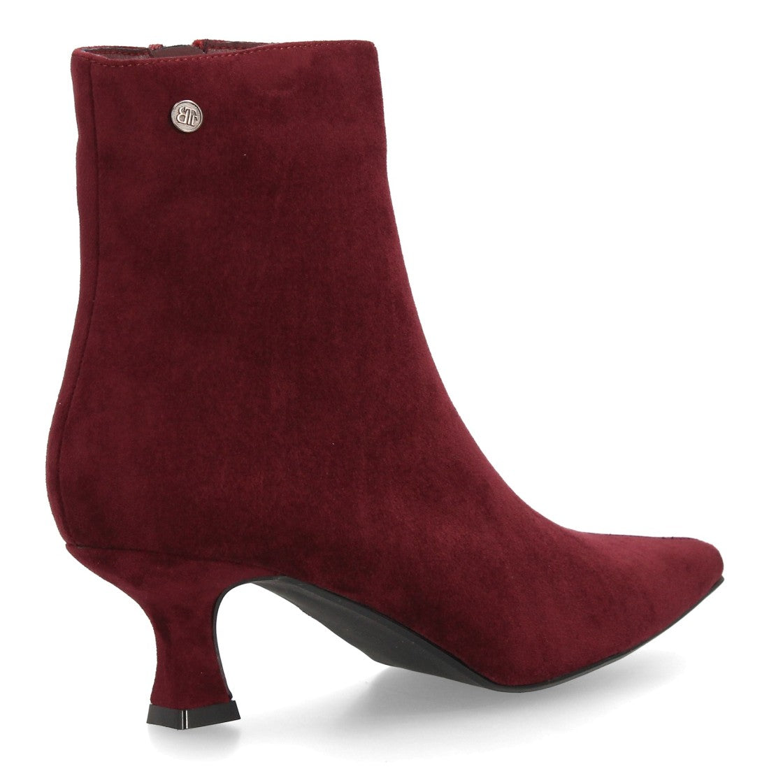 Botines burdeos elegantes de punta fina en textura ante con tacón bajo cómodo y cremallera
