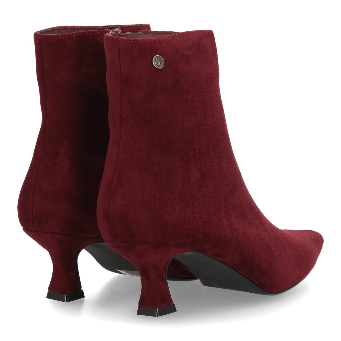Botines burdeos elegantes de punta fina en textura ante con tacón bajo cómodo y cremallera