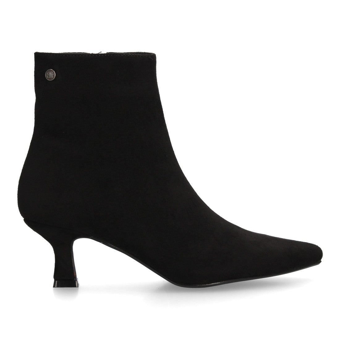Botines negros elegantes de punta fina textura ante con tacón bajo cómodo y cremallera