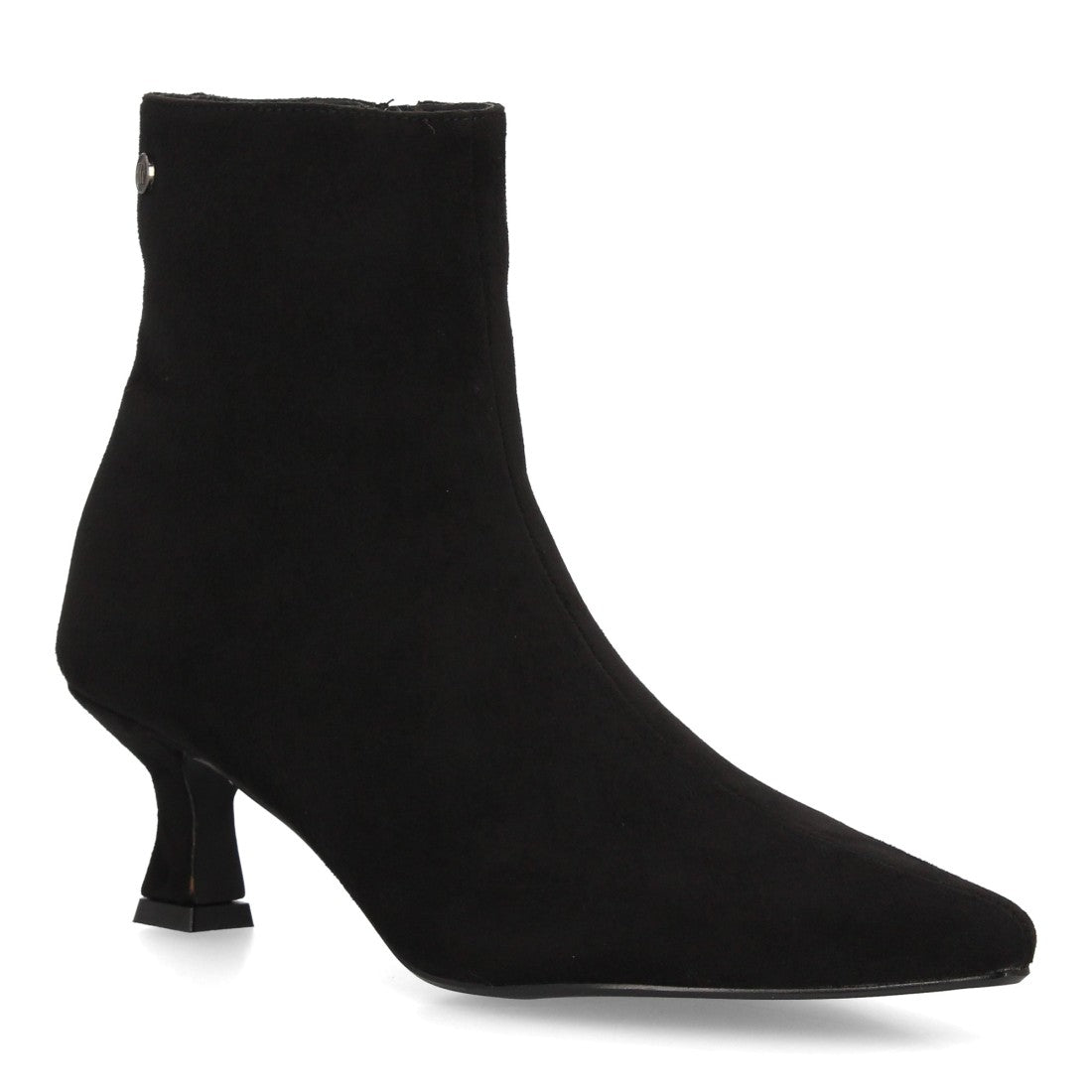 Botines negros elegantes de punta fina textura ante con tacón bajo cómodo y cremallera