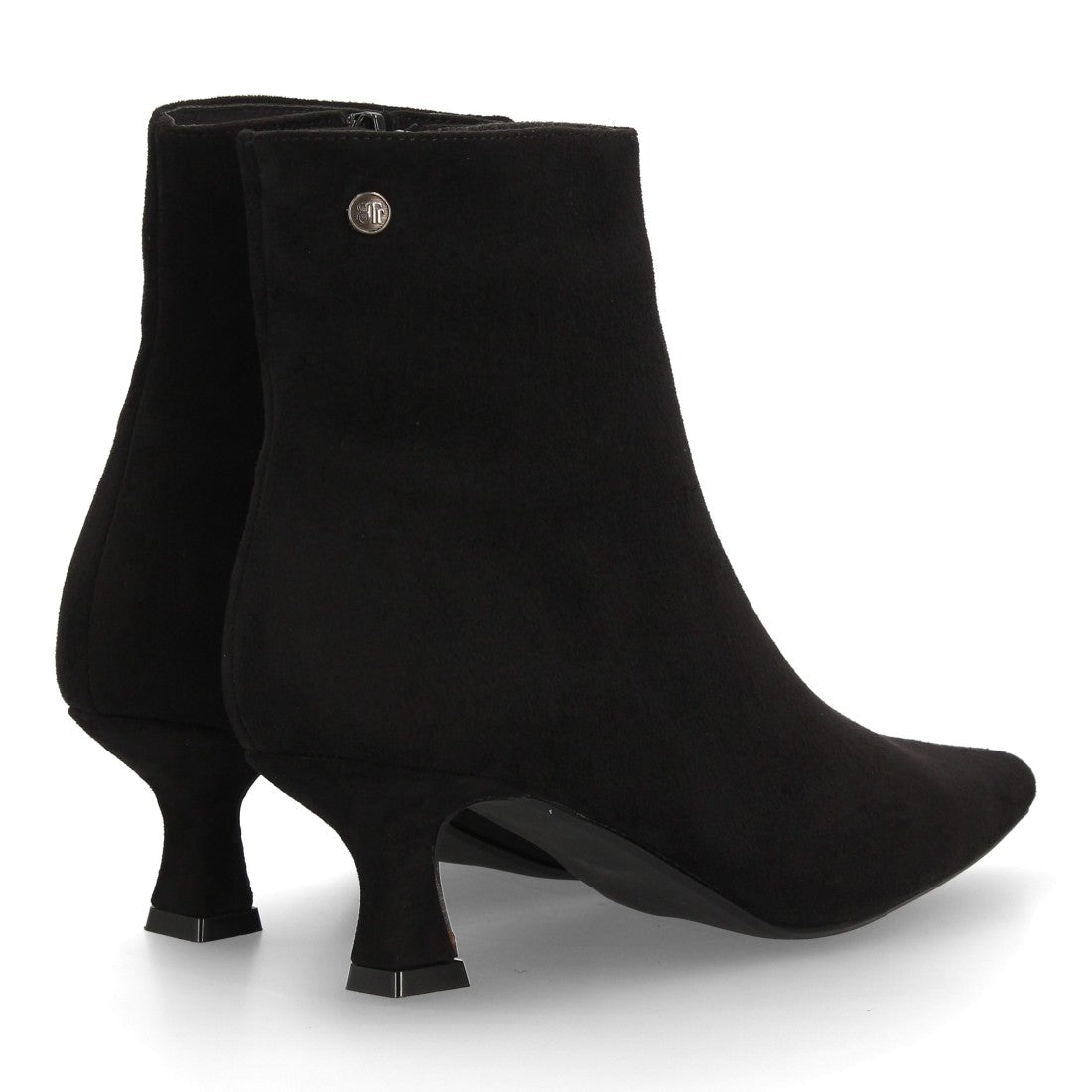 Botines negros elegantes de punta fina textura ante con tacón bajo cómodo y cremallera
