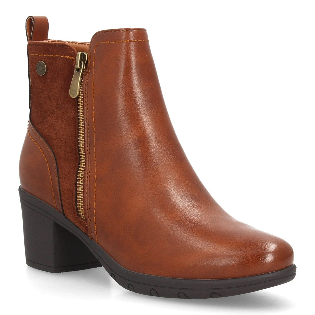 Botines de mujer en color camel con tacón ancho y tirador trasero