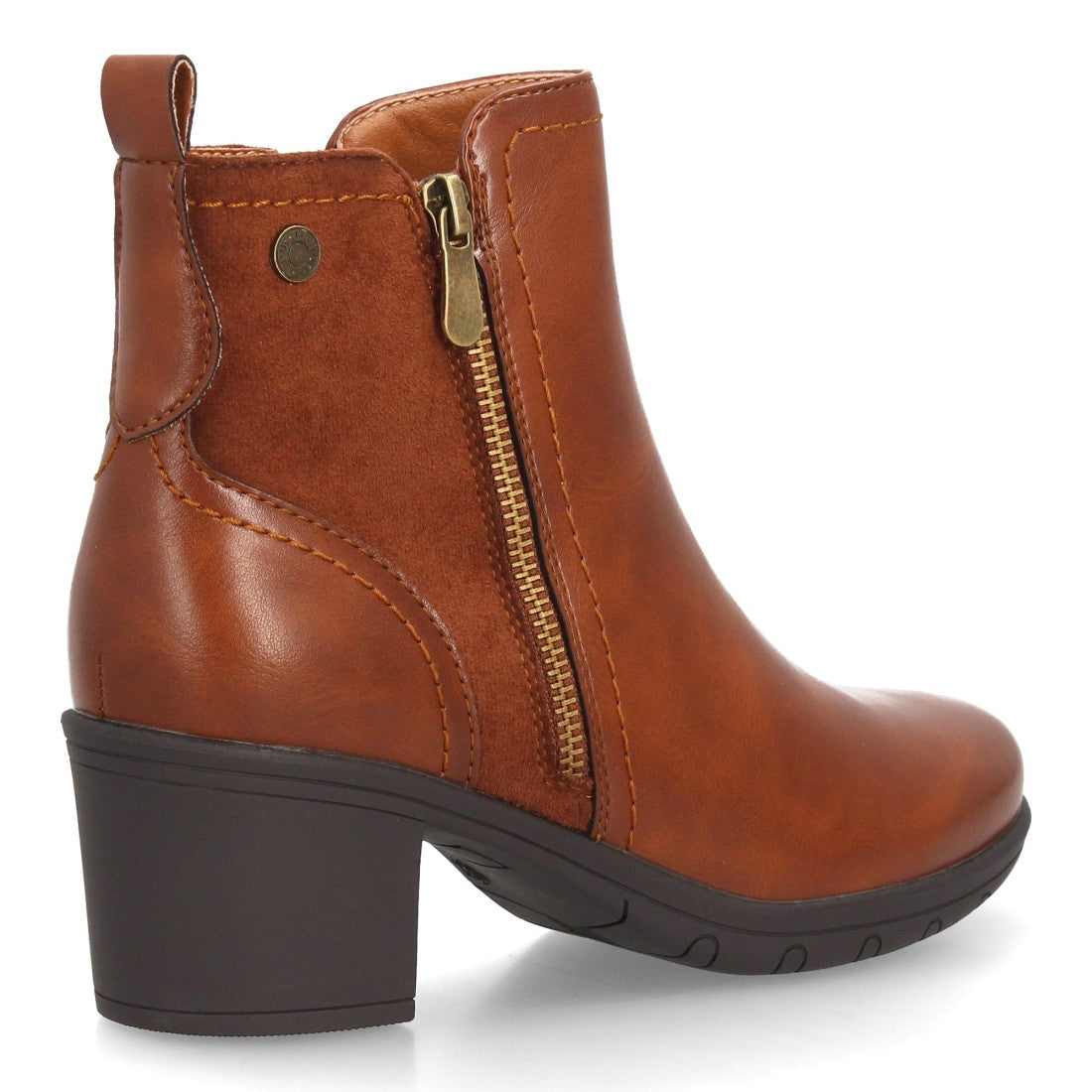 Botines de mujer en color camel con tacón ancho y tirador trasero