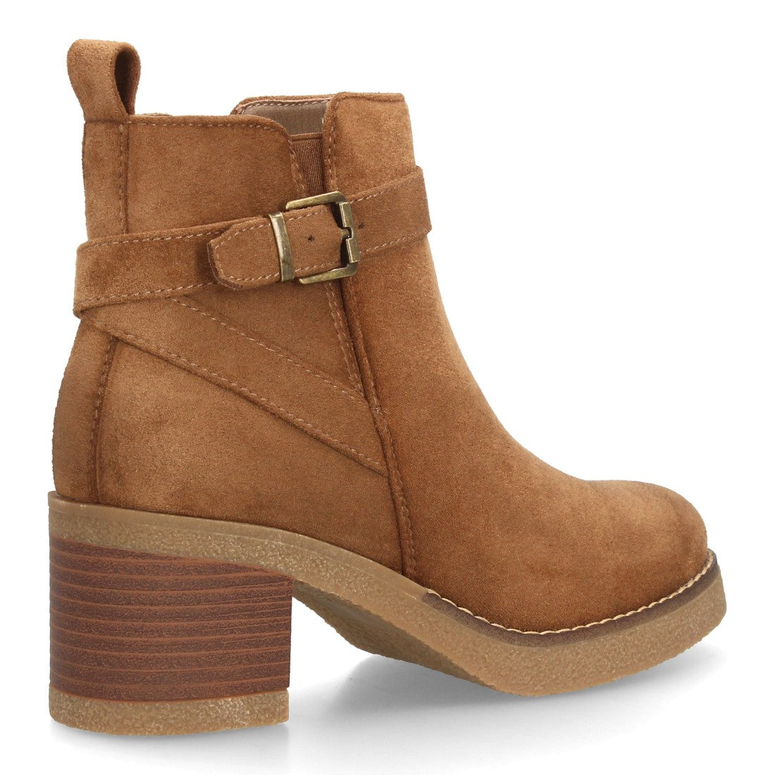 Botines de mujer color camel en ante suave con tira y hebilla metálica decorativa