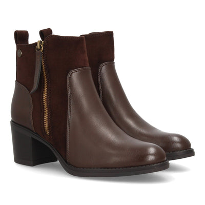 Botines marrones multitextura con cremallera lateral y tacón ancho para mujer