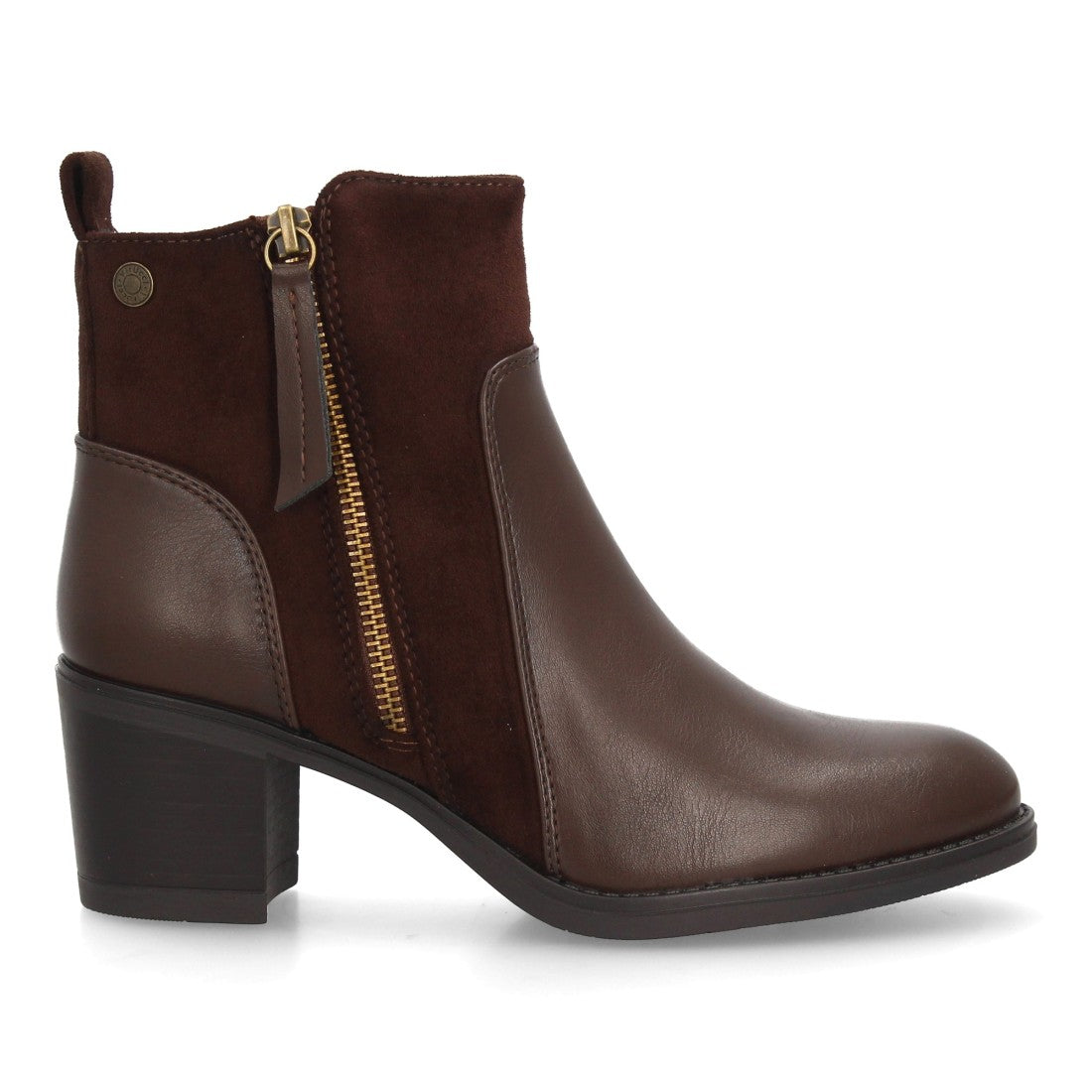 Botines marrones multitextura con cremallera lateral y tacón ancho para mujer
