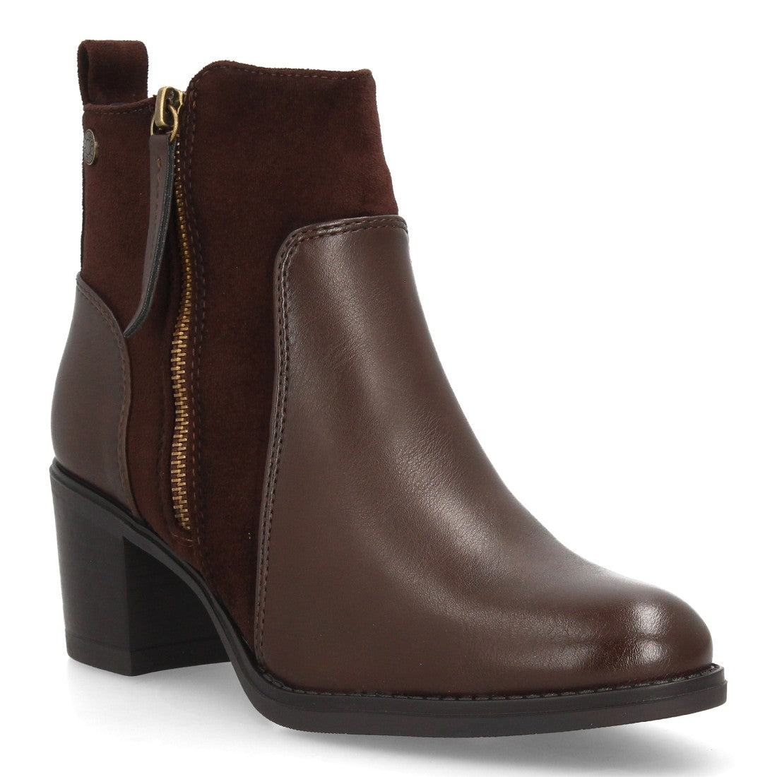 Botines marrones multitextura con cremallera lateral y tacón ancho para mujer