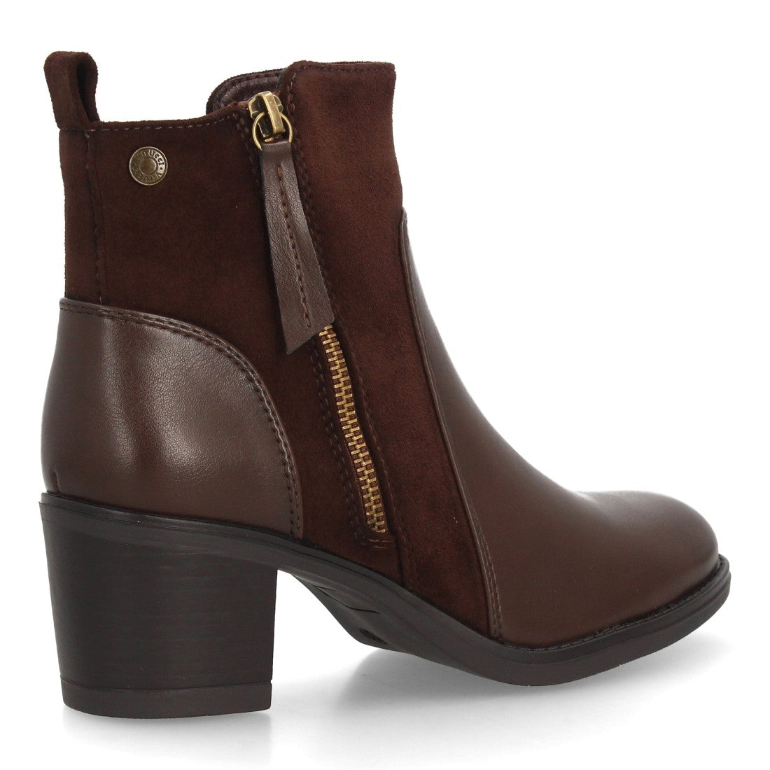 Botines marrones multitextura con cremallera lateral y tacón ancho para mujer