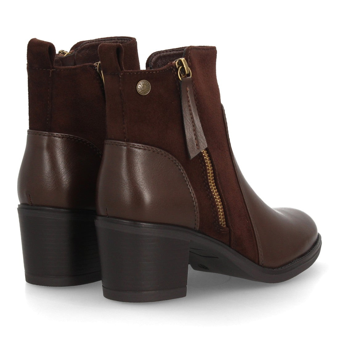Botines marrones multitextura con cremallera lateral y tacón ancho para mujer