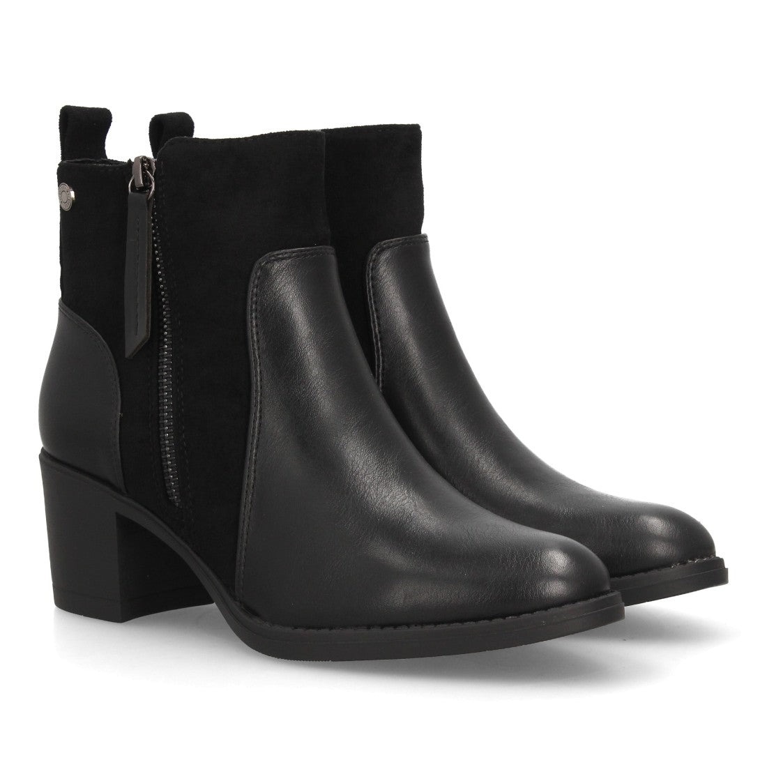 Botines negros elegantes para mujer con detalles de texturas combinadas y tacón ancho