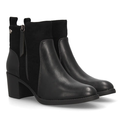 Botines negros elegantes para mujer con detalles de texturas combinadas y tacón ancho