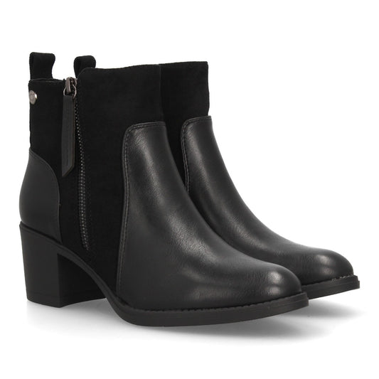 Botines negros elegantes para mujer con detalles de texturas combinadas y tacón ancho