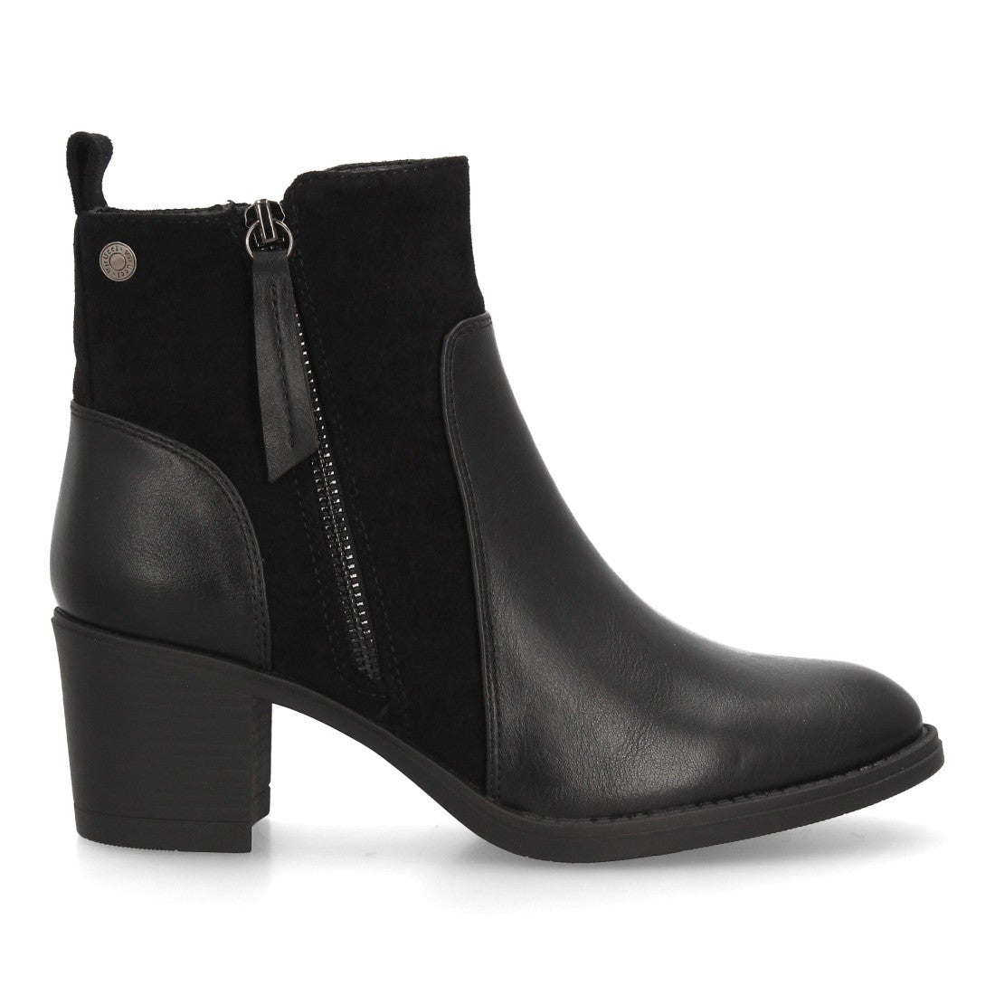 Botines negros elegantes para mujer con detalles de texturas combinadas y tacón ancho