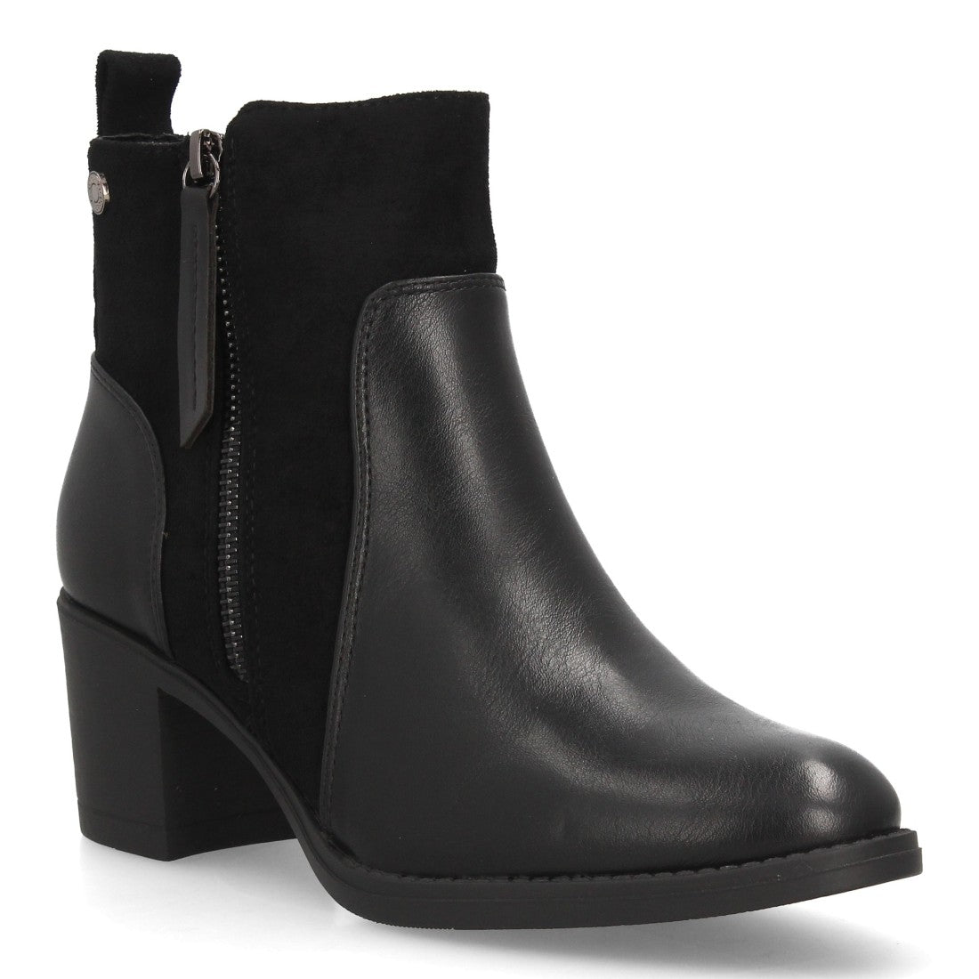 Botines negros elegantes para mujer con detalles de texturas combinadas y tacón ancho