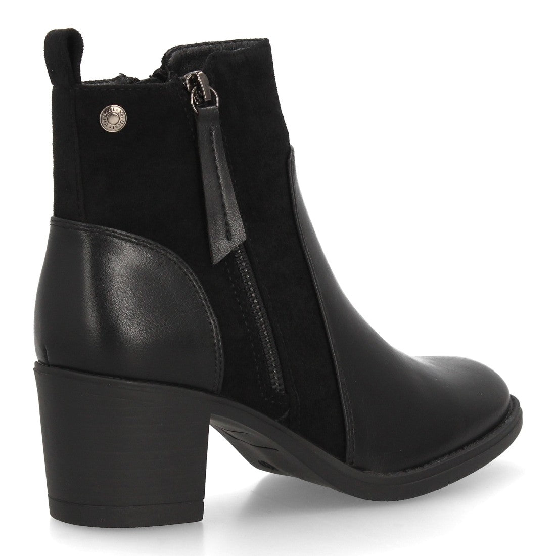 Botines negros elegantes para mujer con detalles de texturas combinadas y tacón ancho