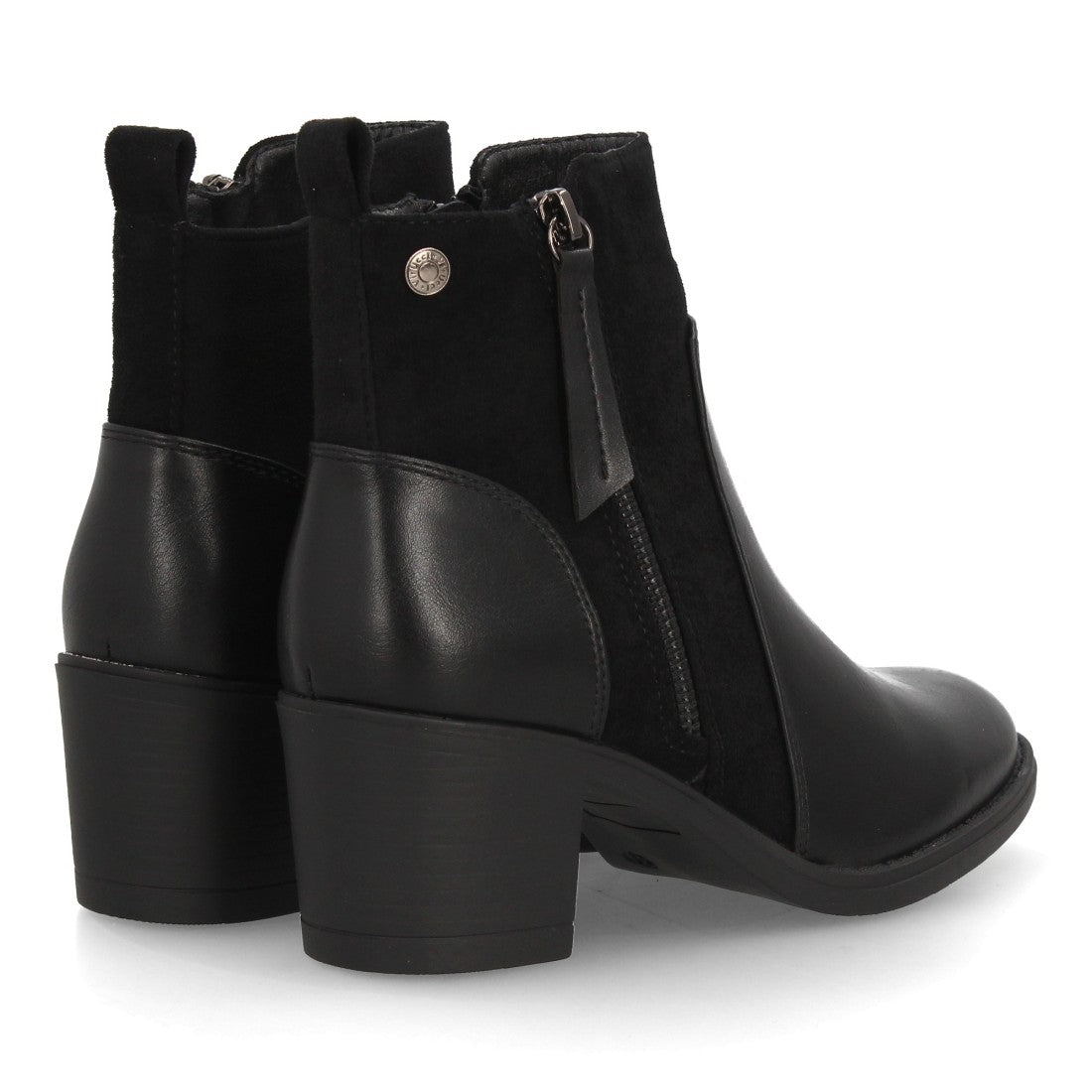Botines negros elegantes para mujer con detalles de texturas combinadas y tacón ancho