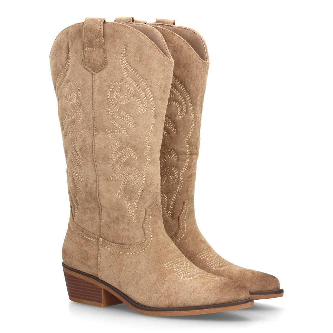 Botas altas cowboy en color verde kaki con acabado efecto ante y punta fina para mujer