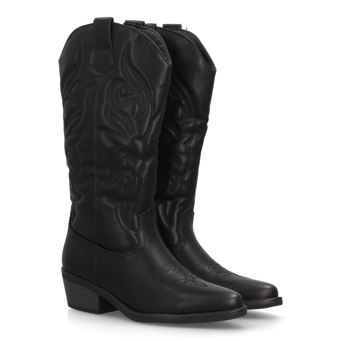 Botas altas western para mujer en tono negro con acabado ante suave y punta afilada