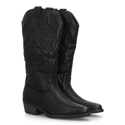 Botas altas western para mujer en tono negro con acabado ante suave y punta afilada