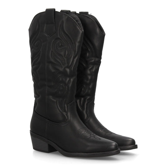 Botas altas western para mujer en tono negro con acabado ante suave y punta afilada
